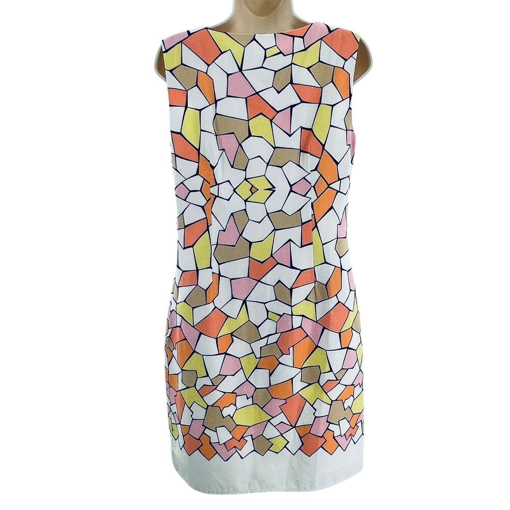 Cece's New York White Yellow Abstract 70s Vibe Sleeveless Lined Shift Dress 6 - Picture 3 of 9